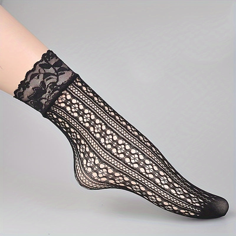 6 pares de calcetines de rejilla con encaje floral, calcetines tobilleros ultrafinos, medias y calcetería para mujer