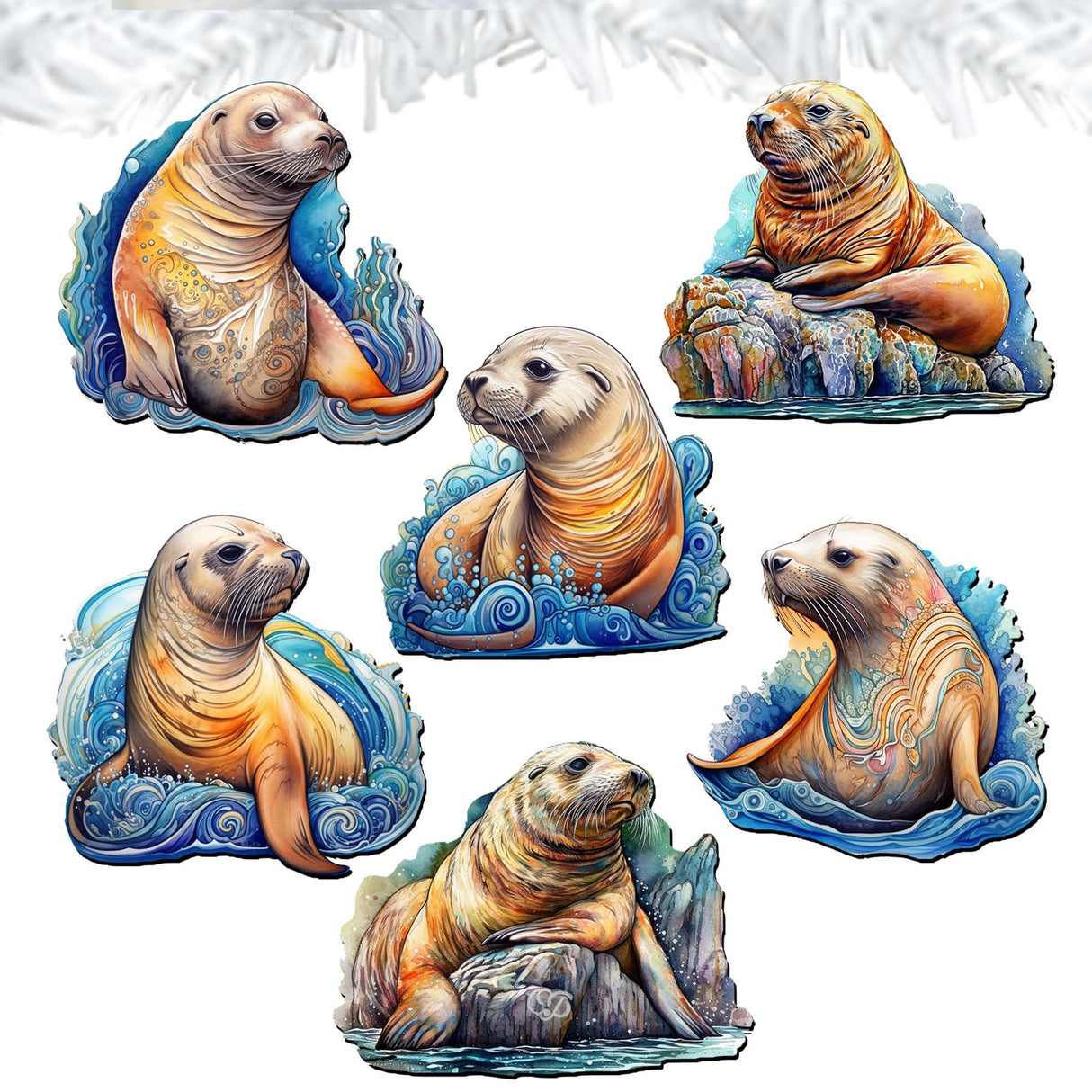 Coastal Sea Lions Decorative Wooden Clip-on Ornaments Set of 6 by G. Debrekht - Wildlife Decor - 8090127C-S6