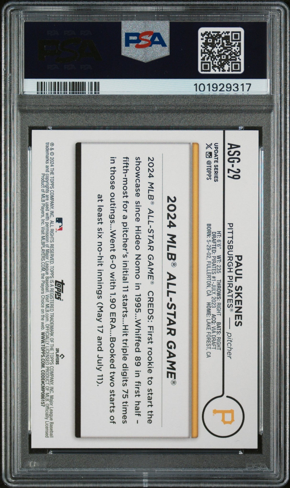 Tarjeta de béisbol RC de Paul Skenes #ASG29, actualización Topps 2024, para novato del Juego de las Estrellas, PSA 10 Gem Mint