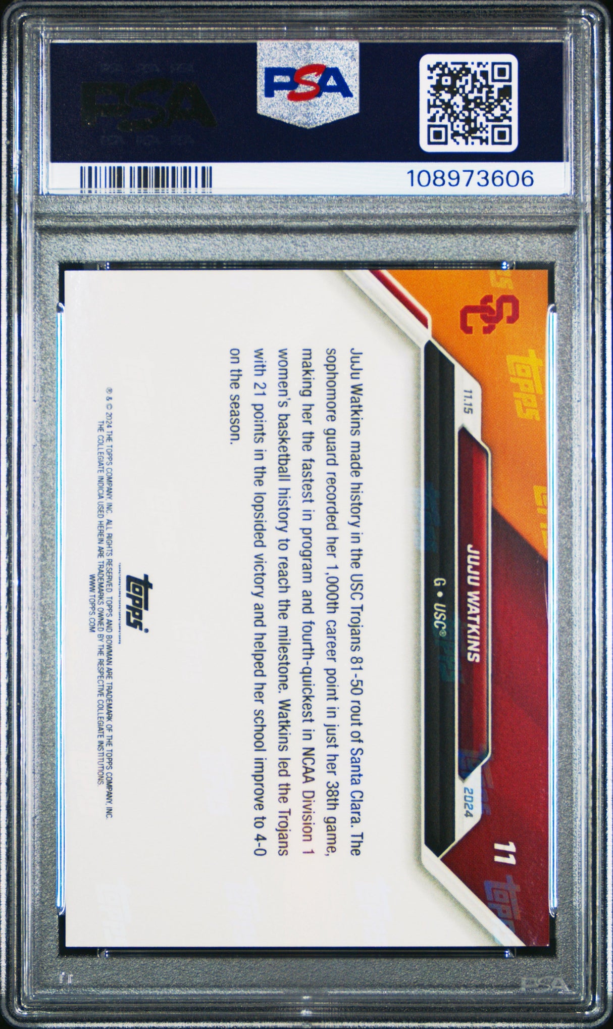 Tarjeta de baloncesto RC JuJu Watkins #11 Rookie de Topps Bowman U. 2024, calificada, PSA 10 Gem Mint