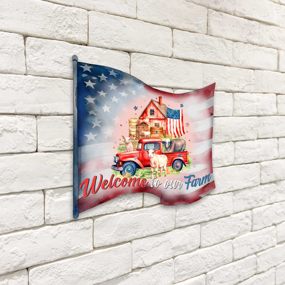 Front door welcome sign American flag Welcome to Our Farm Front porch Patriotic wreath Farm front entrance banner Welcome sign - Wooden front porch decor - 933107H