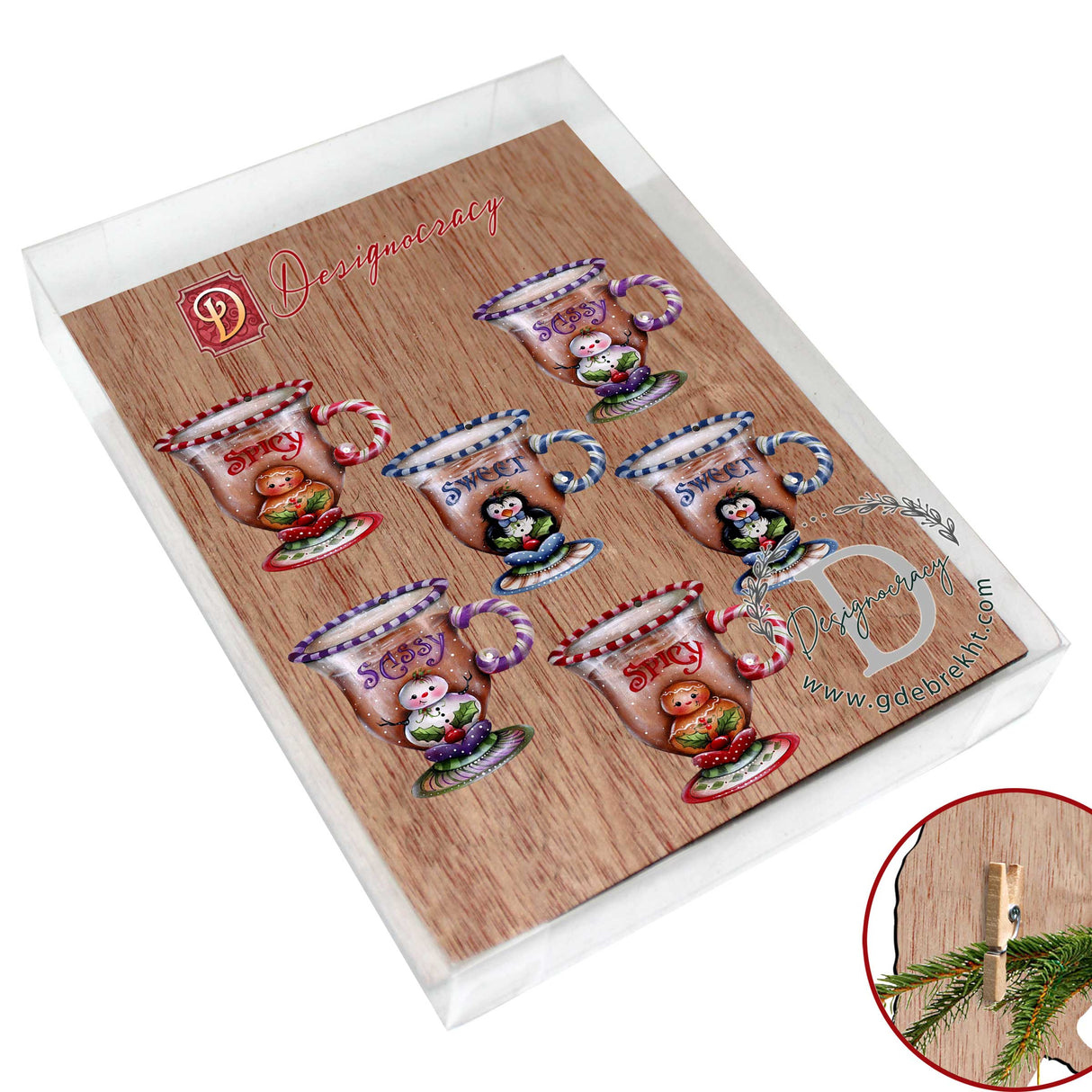 Adornos decorativos de madera con pinzas para la temporada dulce y picante, juego de 6, de Jamie Mills-Price - Decoración navideña - 8090053C-MP-S6