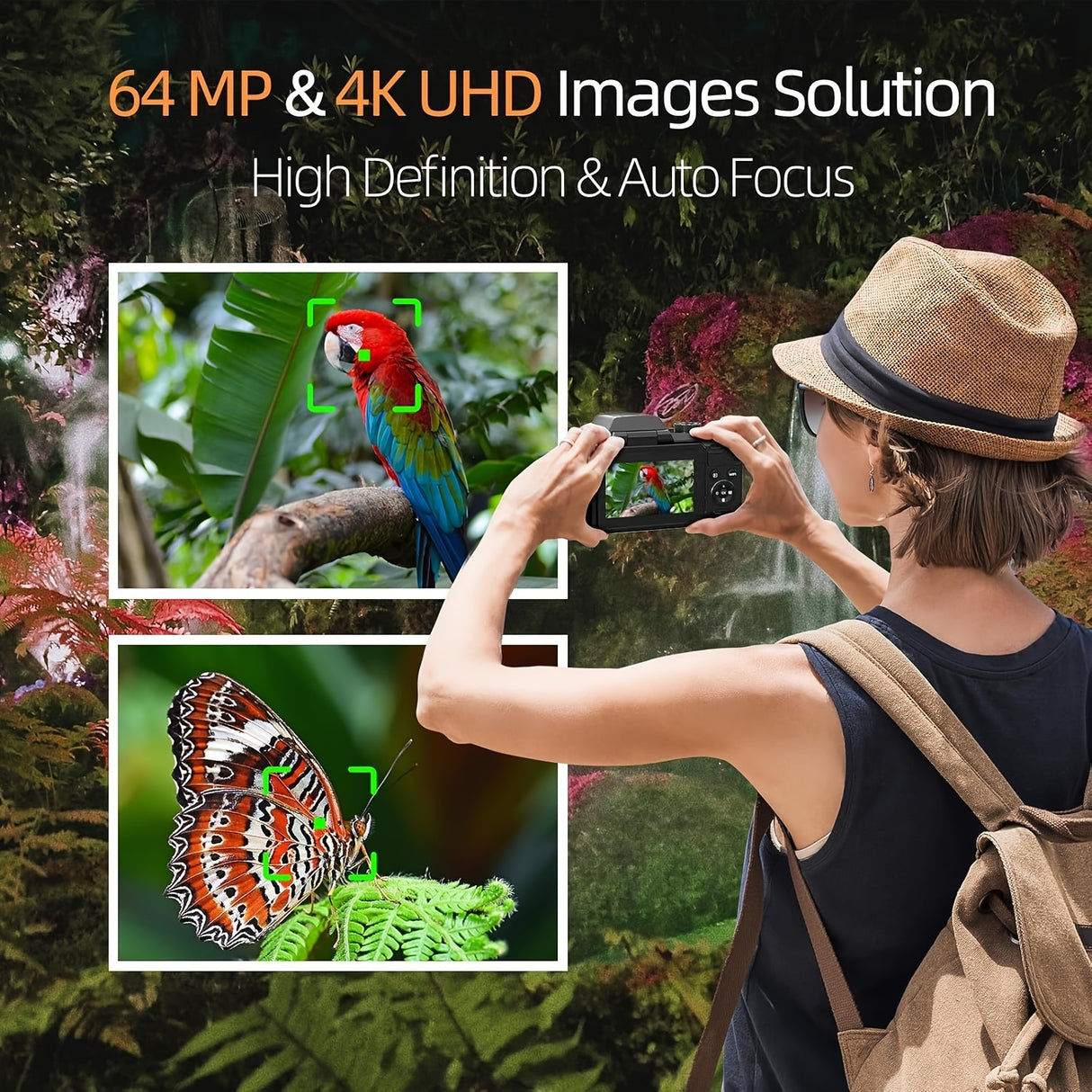 Appareil photo numérique NBD 64 MP pour la photographie et la vidéo, caméra de vlogging 4K avec écran rabattable de 3 pouces, zoom numérique 16x, Wi-Fi et autofocus, dragonne et trépied, 2 piles, carte TF 32 Go