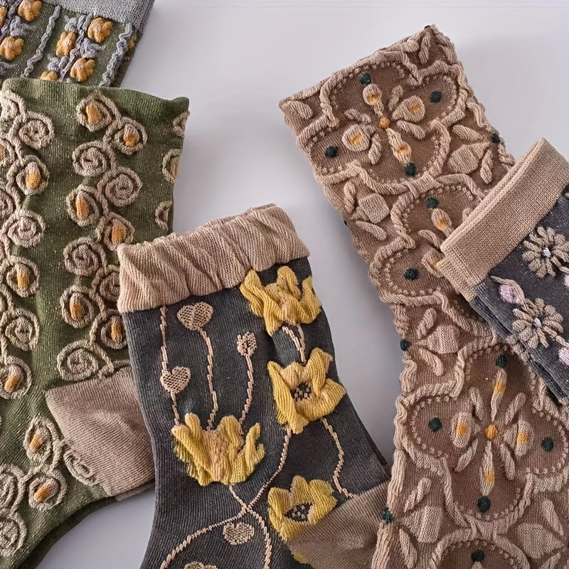 5 Pairs of Ultra-Soft Floral Pattern Womens Mid Tube Socks - Moisture-Wicking, Fashionable & Comfortable - Assorted Designs for Everyday Wear - Stockings & Hosiery Collection