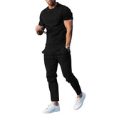 Solid Color Casual Round Neck Short Sleeves T-shirt Trousers Two-piece Set - Lootquake