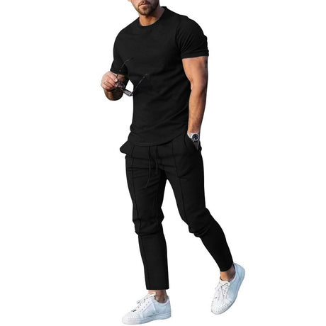 Solid Color Casual Round Neck Short Sleeves T-shirt Trousers Two-piece Set - Lootquake