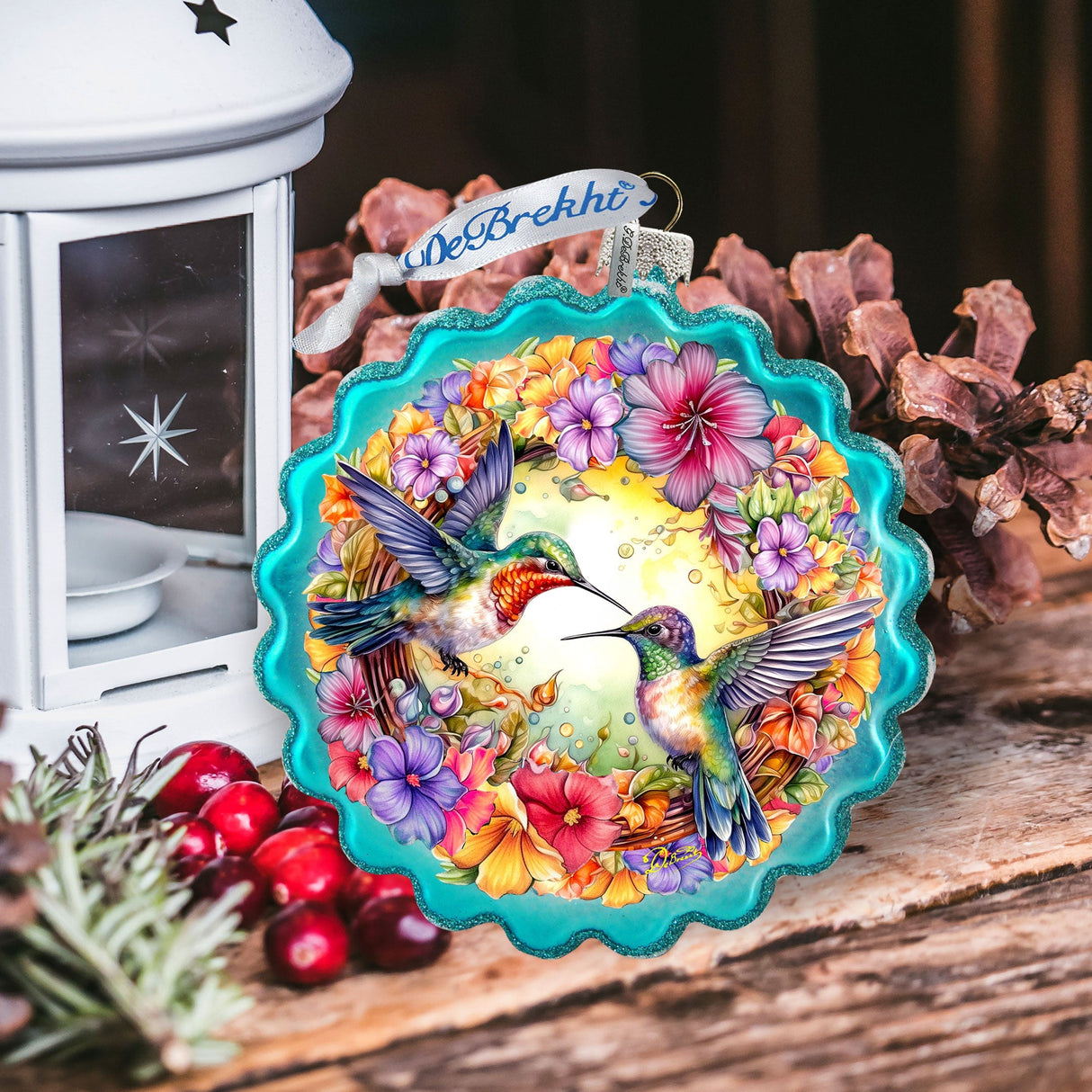 Hummingbirds Wreath Glass Ornament by G. Debrekht - Wildlife Holiday Decor - 759-061