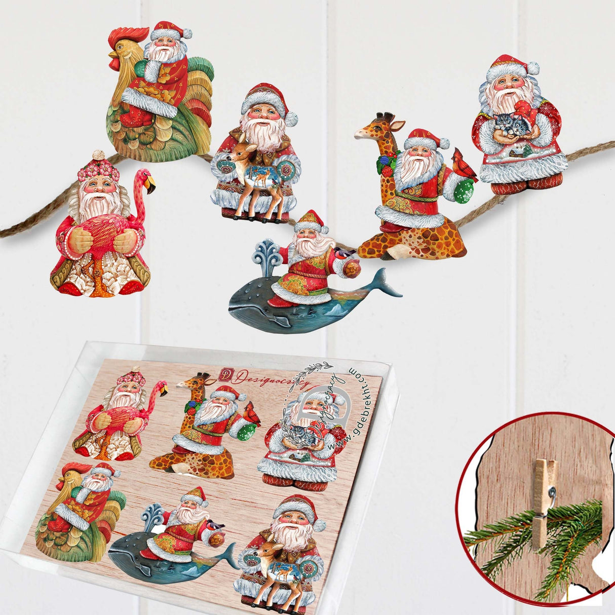 Santa Decorative Wooden Clip-on Ornaments Set of 6 by G. Debrekht - Christmas Decor - 8090131C-S6