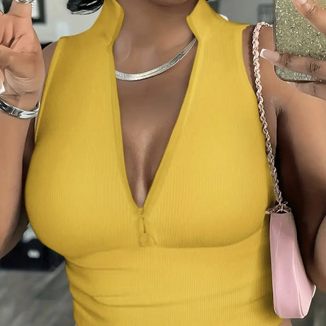 Women's Solid Color Ribbed Knit Short Zipper Design Off Shoulder Stand Up Collar Vest Top - Lootquake