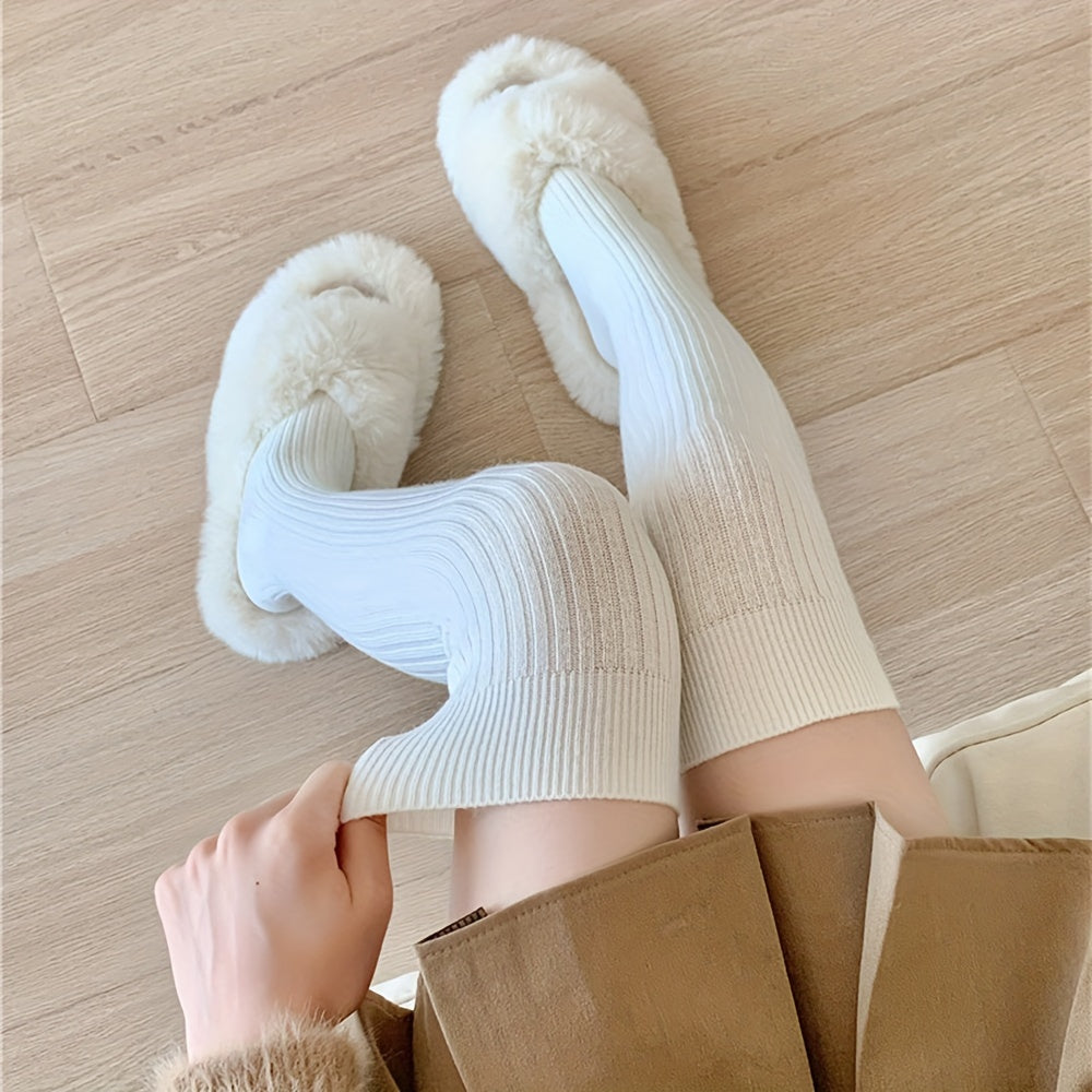 Calcetines de canalé lisos por encima de la rodilla para mujer, cómodos y cálidos, gruesos y hasta el muslo.