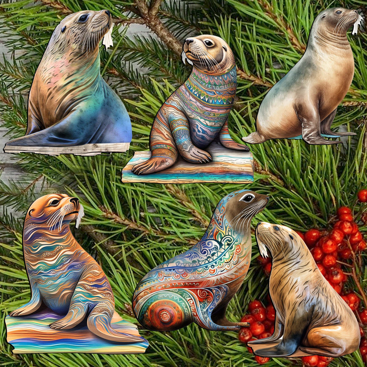 Magic Sea Lions Decorative Wooden Clip-on Ornaments Set of 6 by G. Debrekht - Wildlife Decor - 8090112C-S6