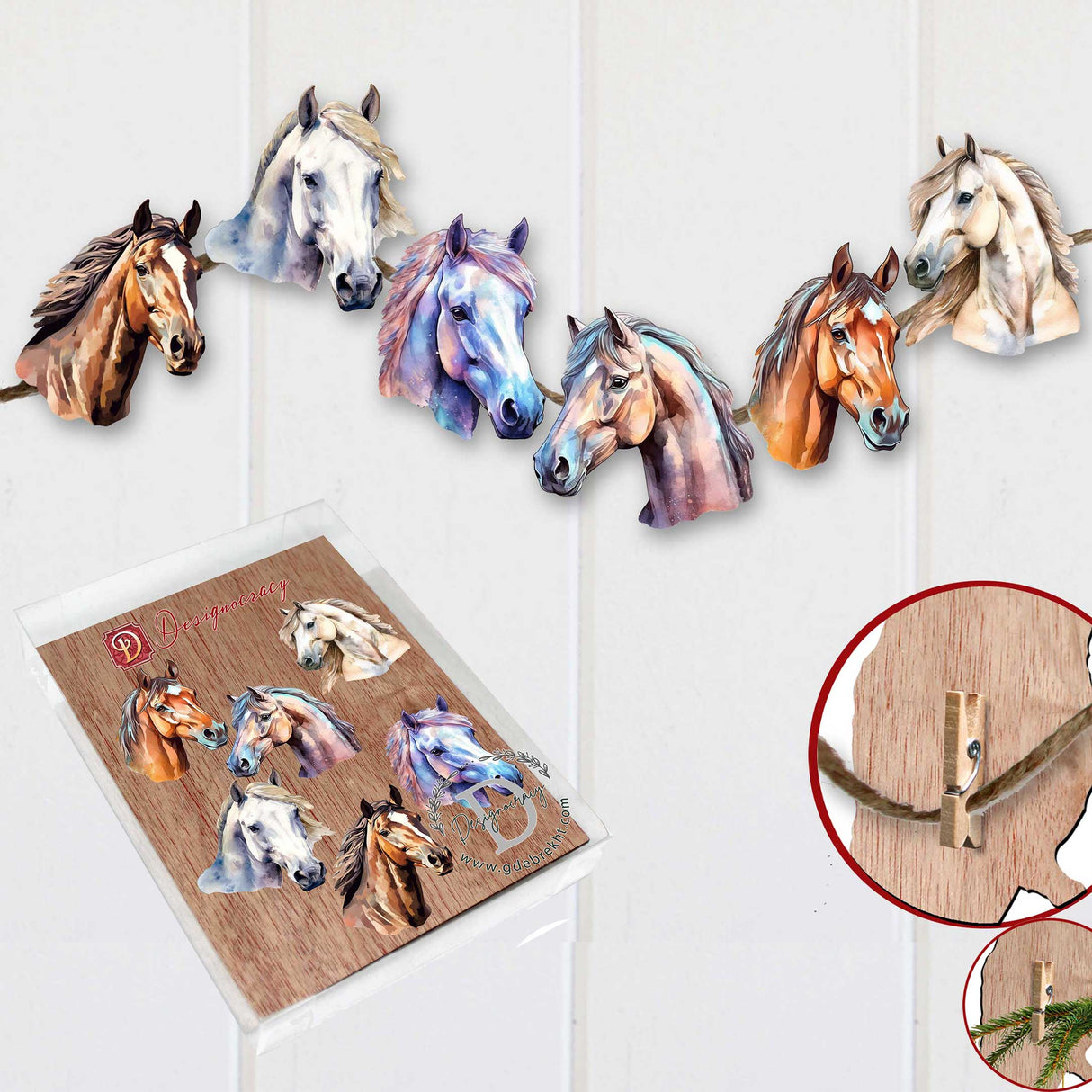 Juego de 6 adornos decorativos de madera con forma de caballo, de G. Debrekht - Decoración navideña - 8090039C-S6