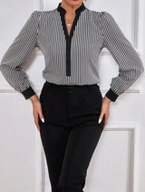 Ladies' New Striped V-neck Cuff Collar Color Block Splicing Fashion Shirt - Lootquake