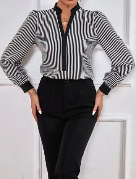 Ladies' New Striped V-neck Cuff Collar Color Block Splicing Fashion Shirt - Lootquake