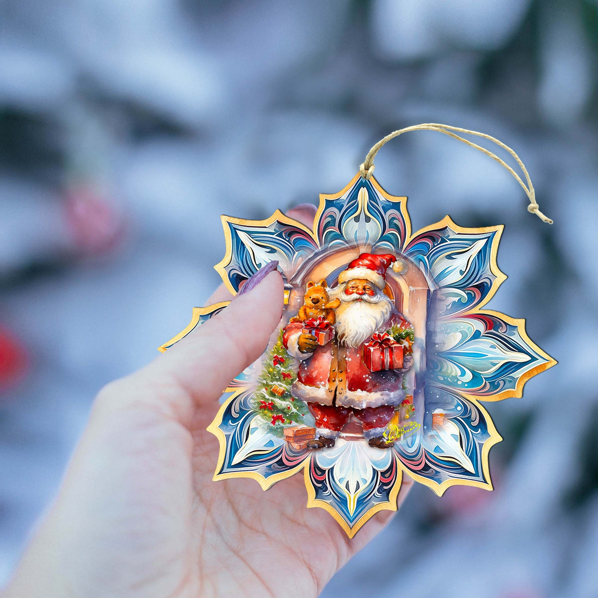 Santa with Gifts Snowflake Wooden Ornaments by G. Debrekht - Christmas Santa Snowman Decor - 8688421