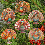 Turkey Decorative Wooden Clip-on Ornaments Set of 6 by G. Debrekht - Thanksgiving Decor - 8090027C-S6