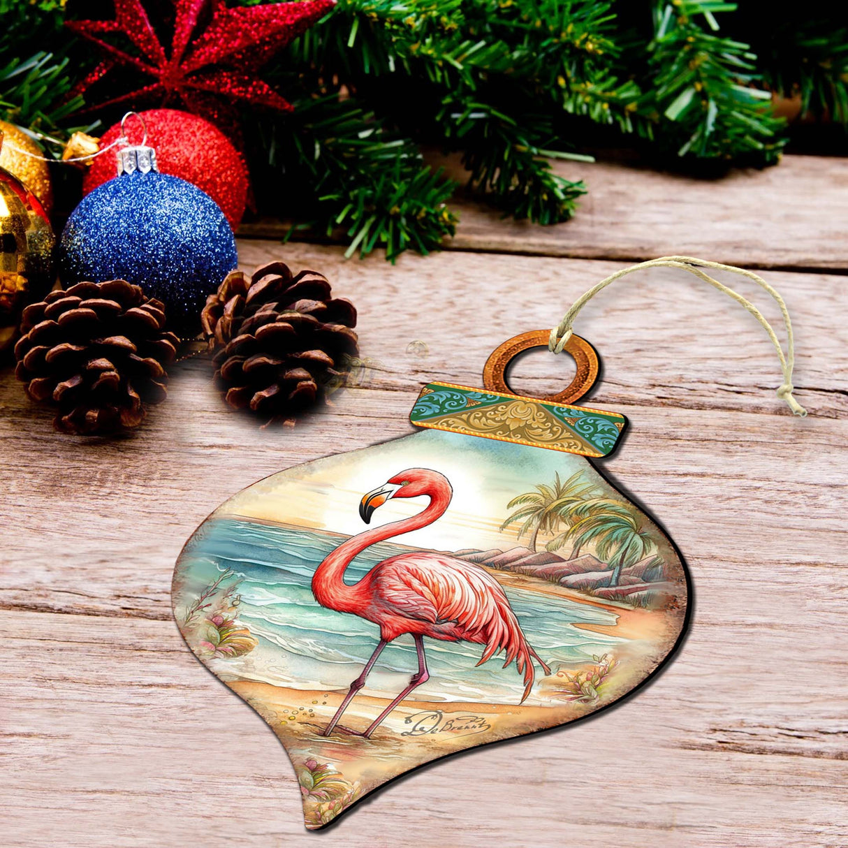 Holiday Coastal Decor - Flamingo Charm Wooden Ornaments by G. Debrekht - Coastal Holiday Decor - 8688173