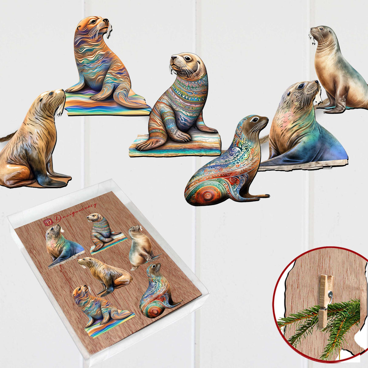 Magic Sea Lions Decorative Wooden Clip-on Ornaments Set of 6 by G. Debrekht - Wildlife Decor - 8090112C-S6
