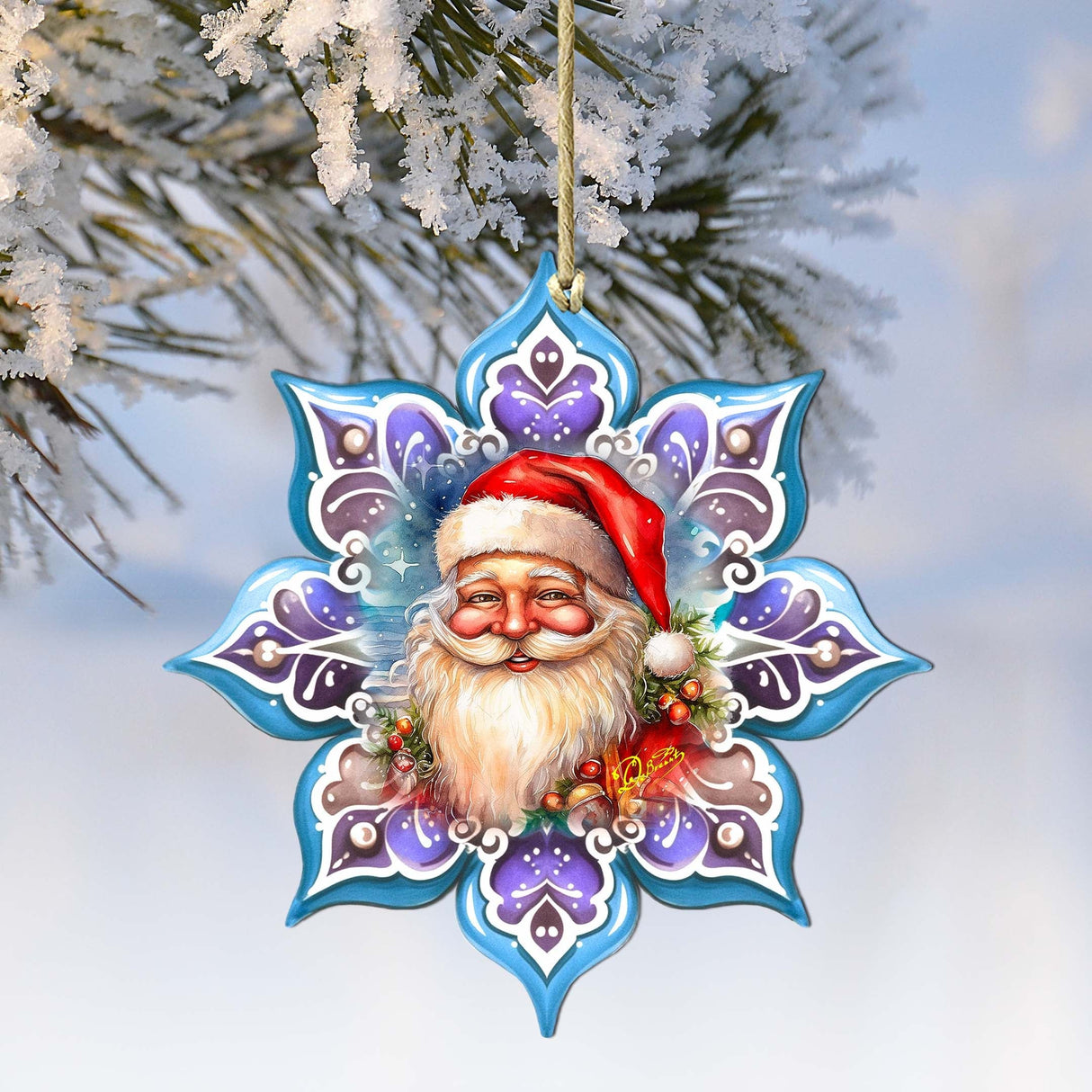 Adornos de madera con forma de copo de nieve de Papá Noel sonriente de G. Debrekht - Decoración navideña de Papá Noel y muñeco de nieve - 8688423