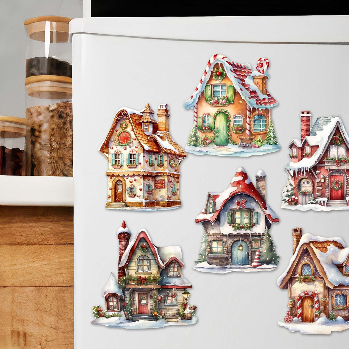 Christmas Houses Decorative Wooden Magnets Set of 6 by G. Debrekht - Christmas Decor - 8090024G-S6