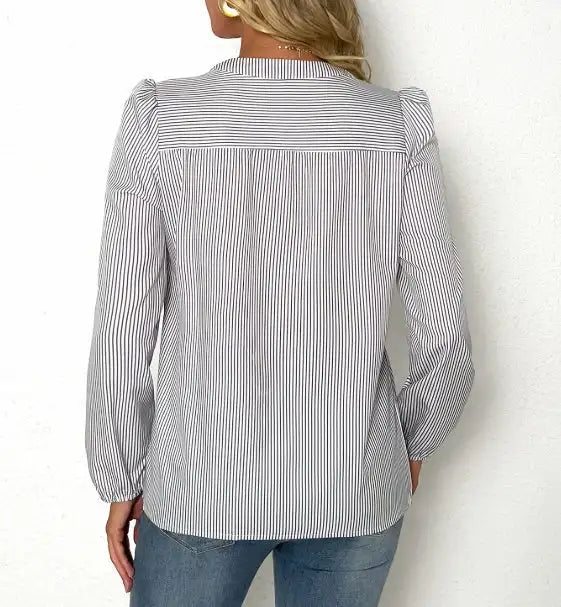 Women's Solid Color V-neck Striped Fashionable Versatile Shirt Top - Lootquake