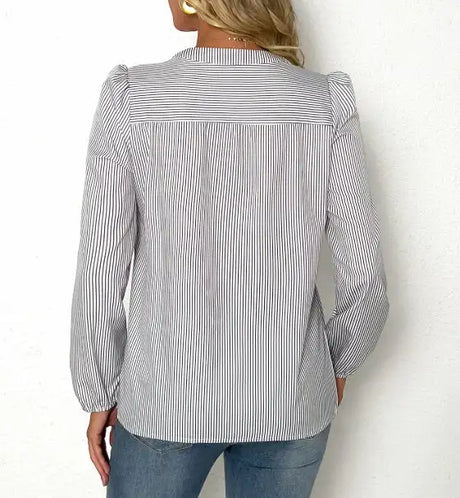 Women's Solid Color V-neck Striped Fashionable Versatile Shirt Top - Lootquake