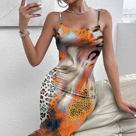 Ladies' Leopard Print Elegant Slimming Vacation Style Suspender Sexy Off Shoulder Dress - Lootquake