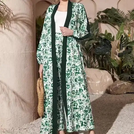 Two Piece Set Of Women's Contrasting Color Trimmed Floral Print Cardigan Jacket And Casual Loose Pants - Lootquake