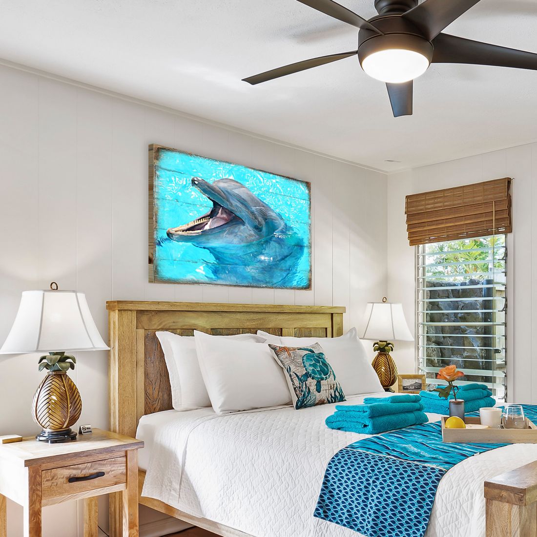 Arte de pared costero de madera con diseño de delfines de Sowers de Nature Wonders - Decoración costera de vida marina - 95267B