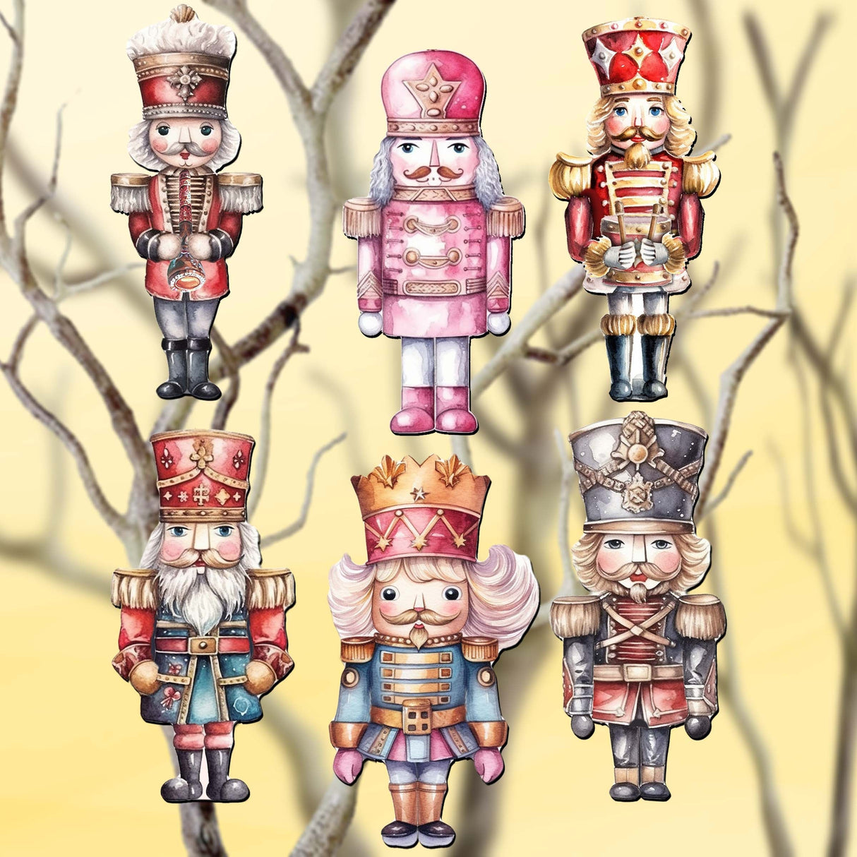 Nutcrackers Decorative Wooden Clip-on Ornaments of 6 by G. Debrekht - Christmas Decor - 8090008C-S6