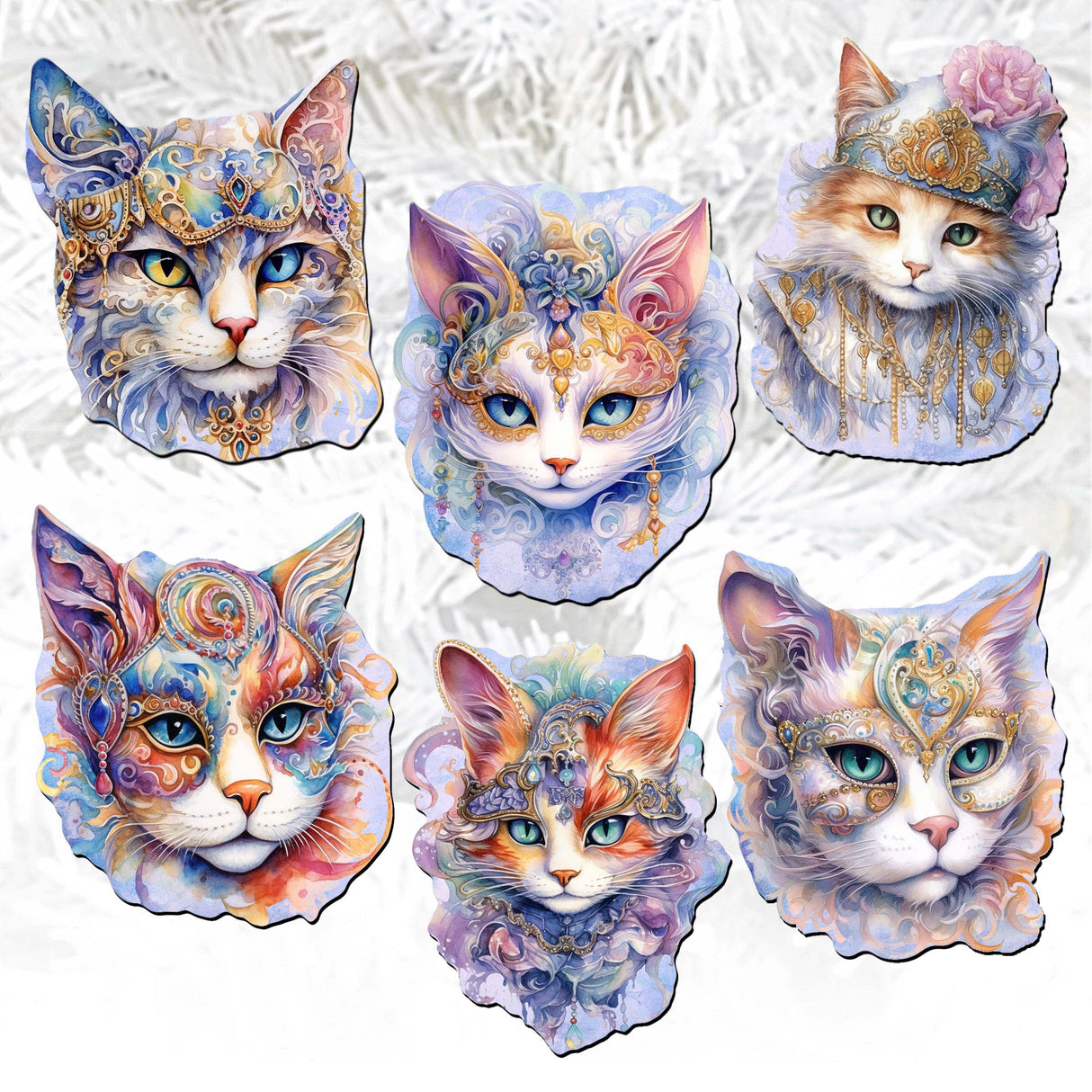 Cats Masks Decorative Wooden Clip-on Ornaments Set of 6 by G. Debrekht - Christmas Decor - 8090033C-S6