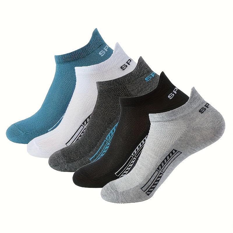 5 pares de calcetines tobilleros lisos para hombre, cómodos, transpirables, suaves y absorbentes del sudor, ideales para exteriores.