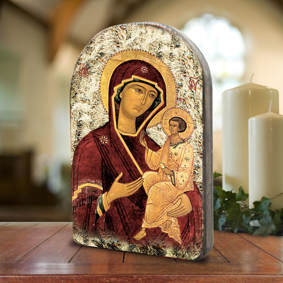 Icono sagrado cristiano religioso de madera de la Virgen María bañado en oro - Decoración inspiradora - 86063