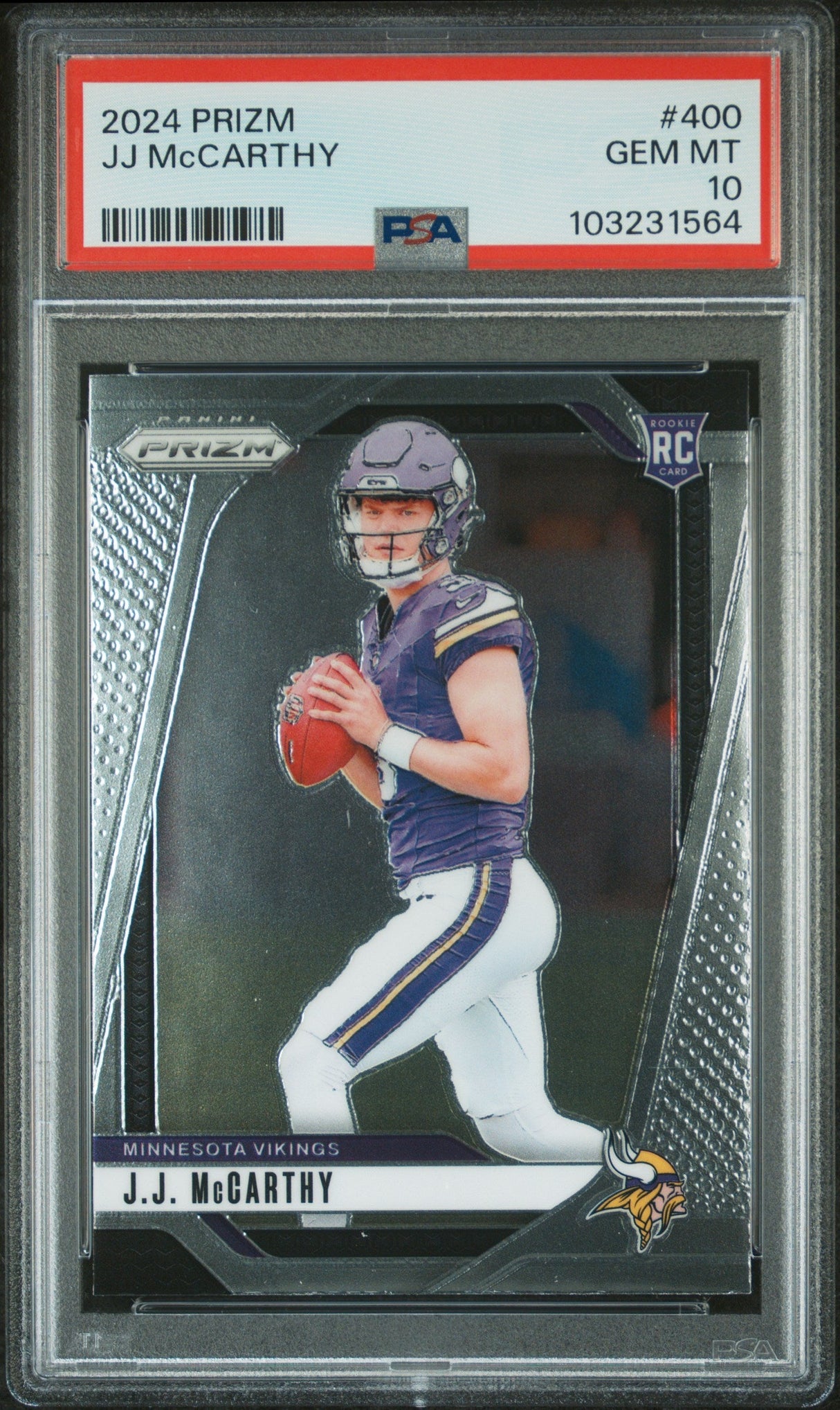 Tarjeta de fútbol Panini Prizm JJ McCarthy n.° 400 Rookie RC de 2024, clasificada, PSA 10 Gem Mint