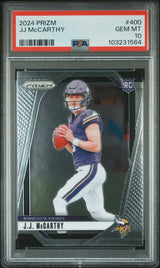 Tarjeta de fútbol Panini Prizm JJ McCarthy n.° 400 Rookie RC de 2024, clasificada, PSA 10 Gem Mint