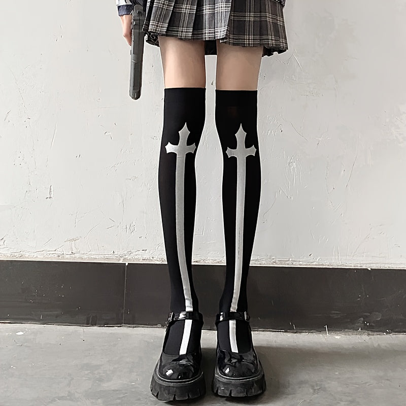 Medias altas con estampado cruzado, calcetines ajustados por encima de la rodilla estilo JK, medias y calcetería para mujer