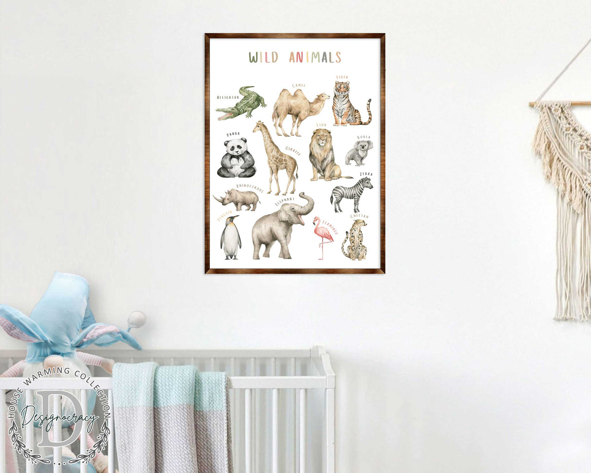 Wild Animals Kids Room Decor - Montessori Wooden Poster - Homeschool I Educational Poster - Classroom Decor - Playroom Art - 310219