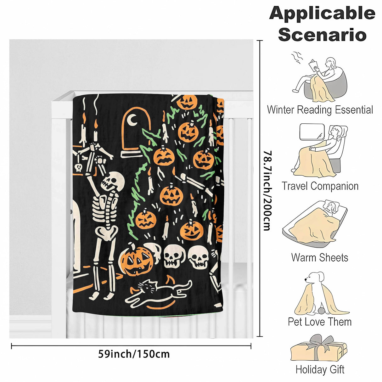 Couverture d'Halloween en flanelle polaire avec motif tête de mort et citrouille, pour femme et homme, légère et moelleuse, idéale pour la chambre ou le canapé, noire