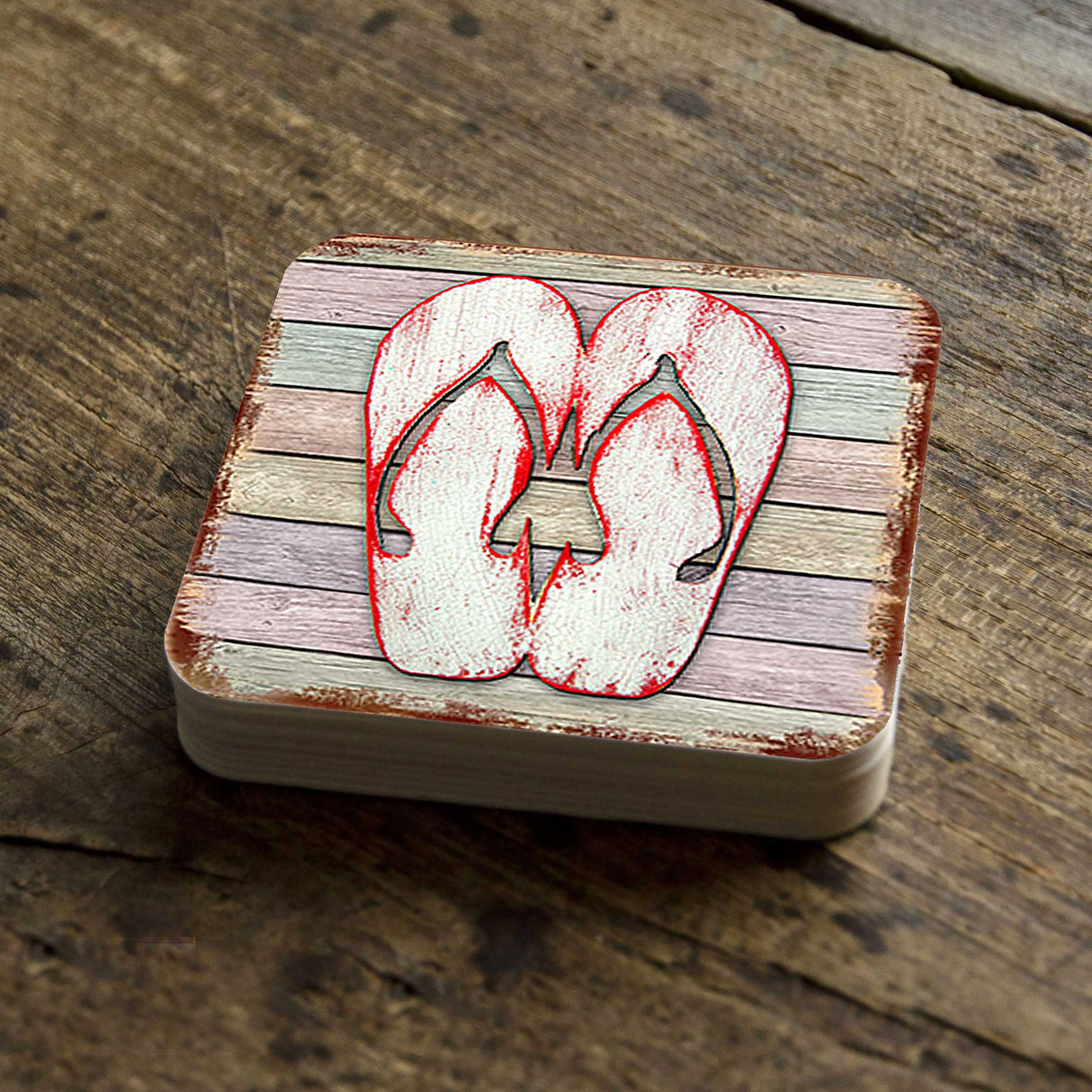 Flip Flops Coastal Wooden Cork Coasters Gift Set of 4 by Nature Wonders - Coastal Sea-Life Decor - 8198523-9C-S4