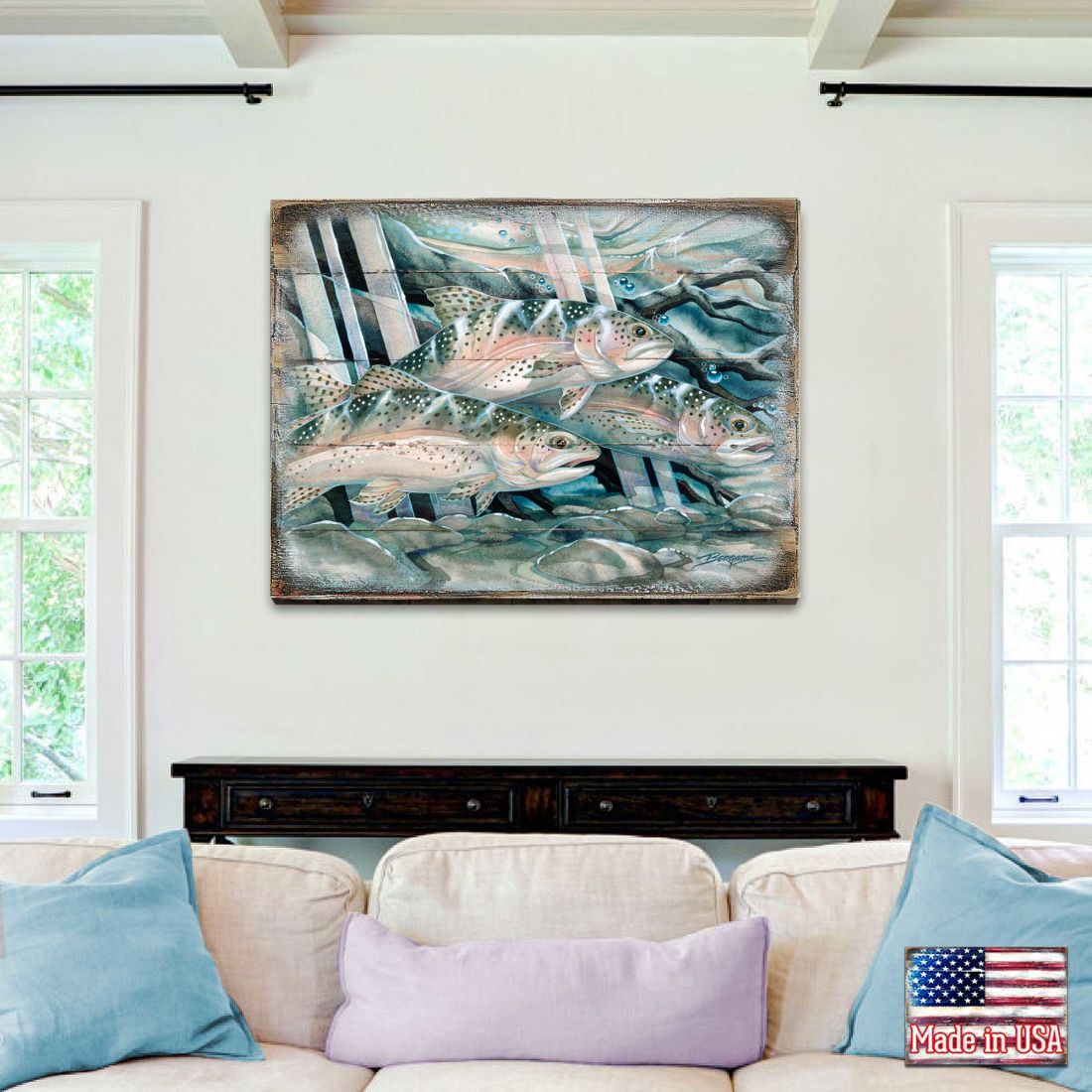 Catch the Rainbow Trout Wooden Wall Art by J. Bergsma - Nature Wildlife Decor  - 8592674BP-JB