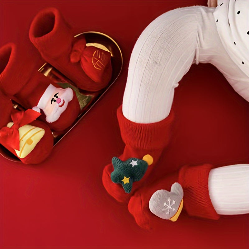 1 par de calcetines navideños para niña, adorables accesorios navideños con dibujos en 3D, calcetines gruesos de algodón con lazo, calcetines rojos antideslizantes.