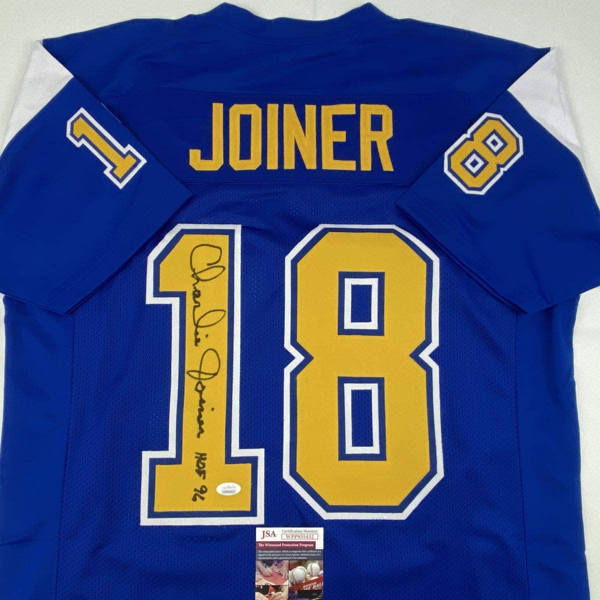 Autographed/Signed Charlie Joiner HOF 96 San Diego Royal Blue/Yellow Football Jersey JSA COA