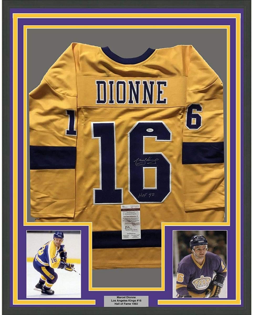 Framed Autographed/Signed Marcel Dionne HOF 92  35x39 Los Angeles LA Yellow Hockey Jersey JSA COA