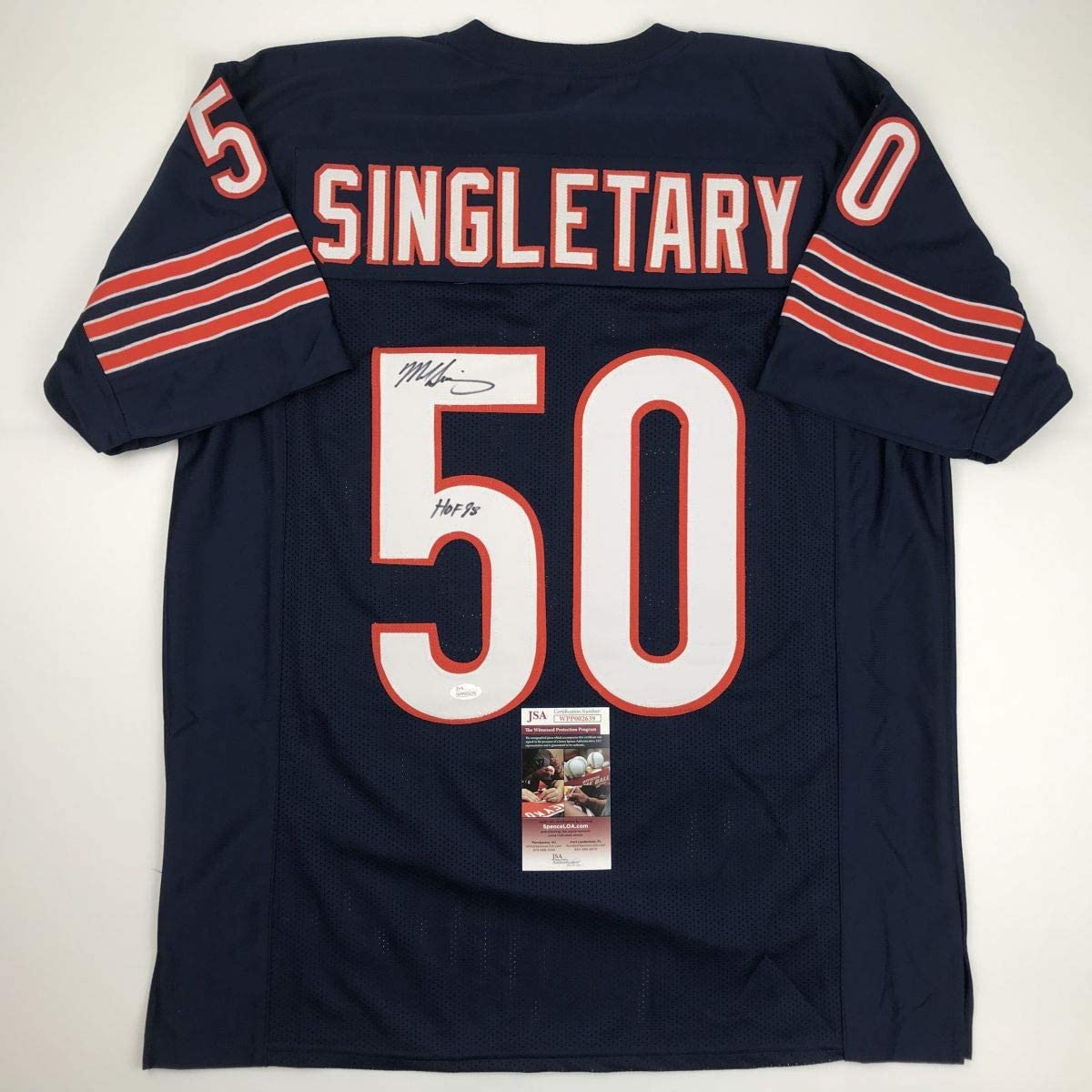 Camiseta de fútbol americano azul Chicago del Salón de la Fama del 98 autografiada/firmada por Mike Singletary (JSA COA)