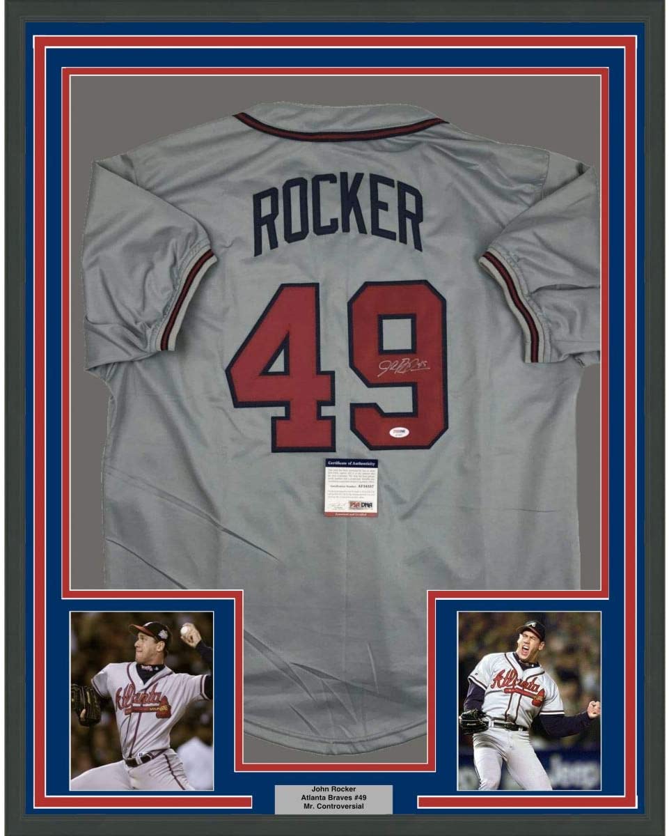 Camiseta de béisbol enmarcada, autografiada y firmada por John Rocker, 35 x 39, color gris Atlanta. Certificado de autenticidad de PSA y ADN.