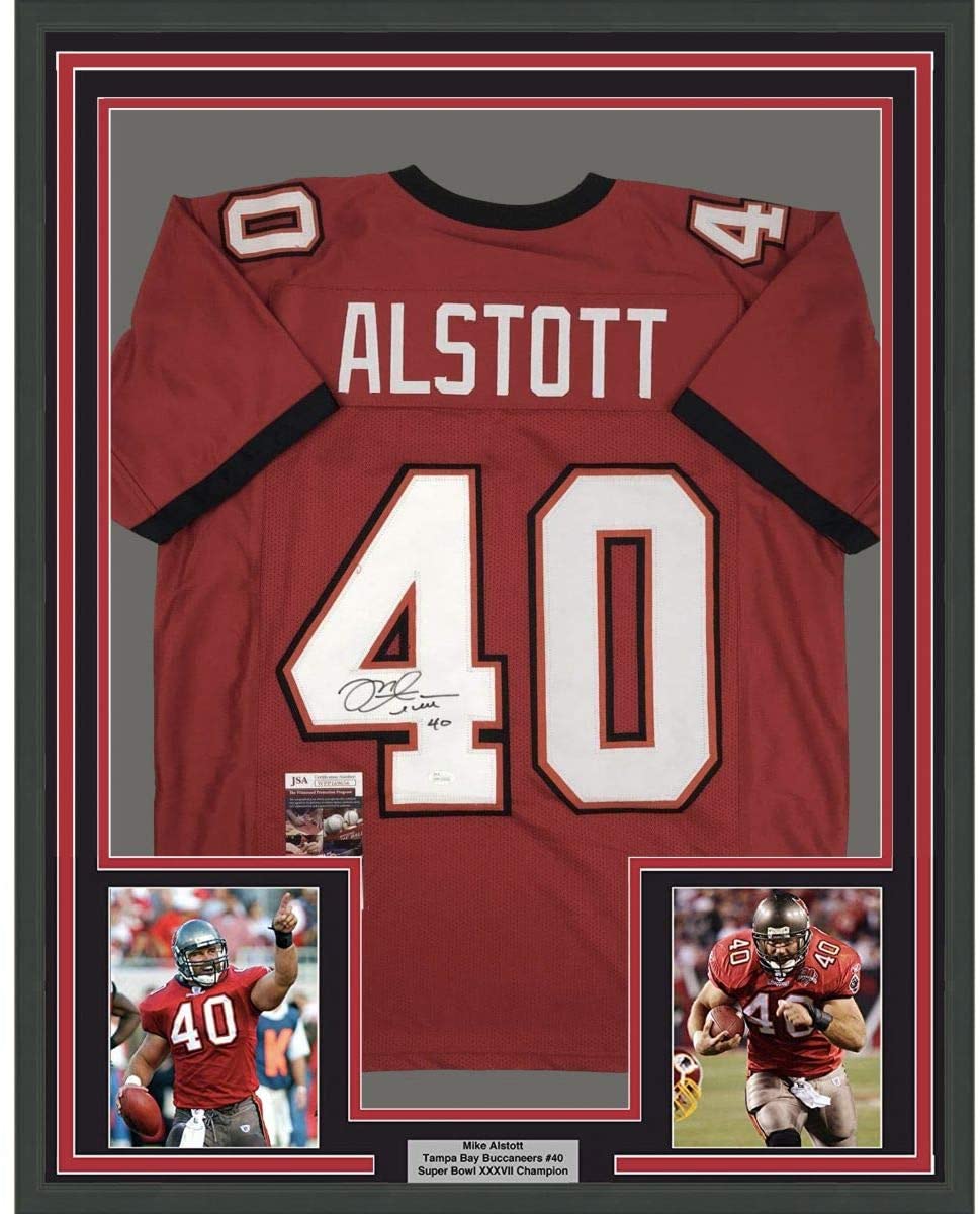 Camiseta de fútbol americano enmarcada, autografiada y firmada por Mike Alstott, 35 x 39, color rojo de Tampa Bay, JSA COA