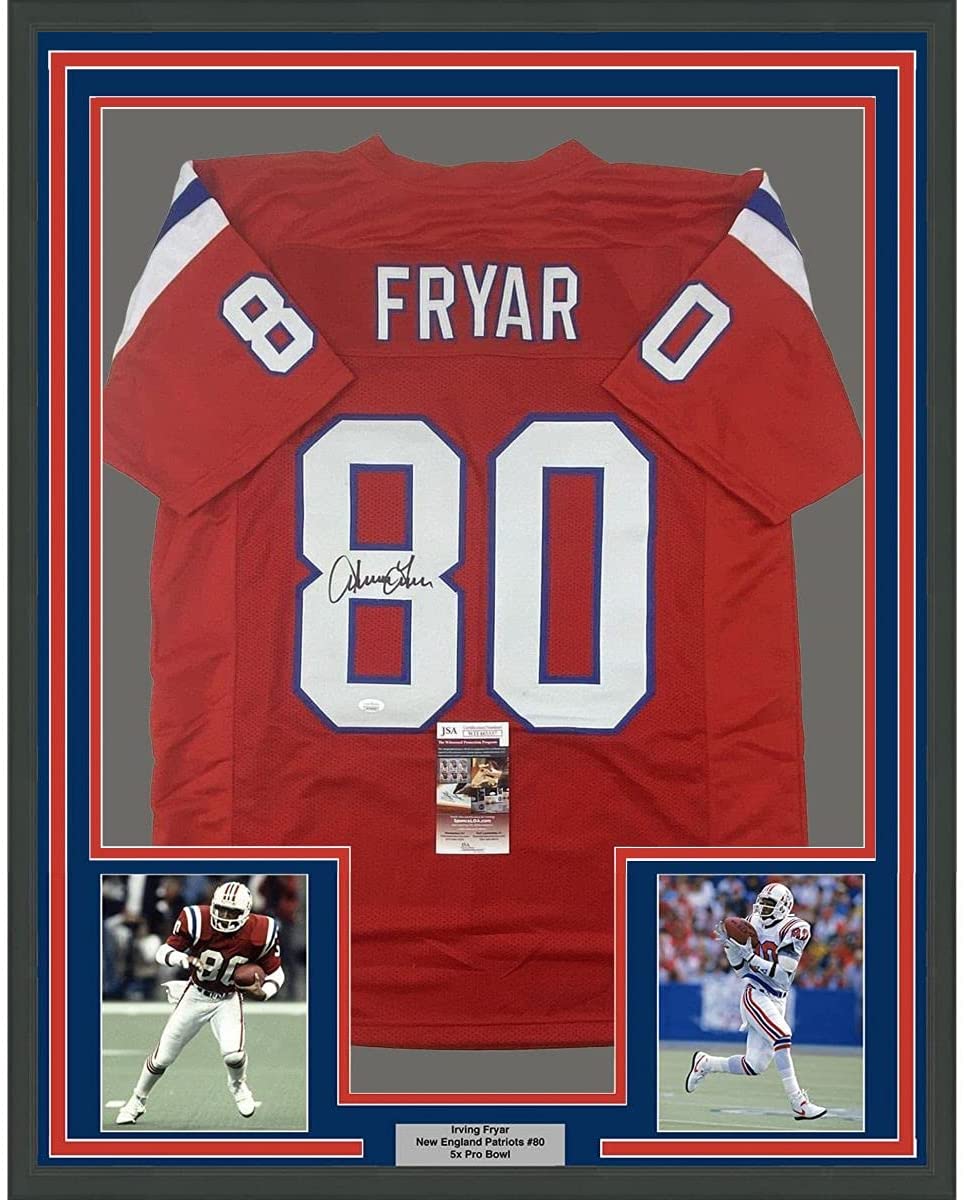Camiseta de fútbol roja de Inglaterra, enmarcada, autografiada y firmada por Irving Fryar, 35 x 39, JSA COA
