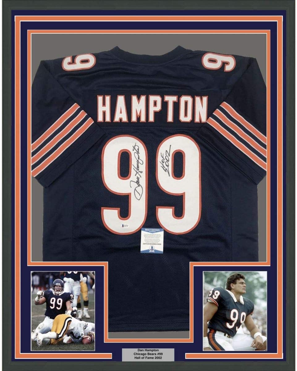 Camiseta de fútbol azul Chicago Beckett BAS COA enmarcada, autografiada y firmada por Dan Hampton, HOF 2002, 35 x 39