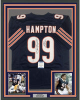 Camiseta de fútbol azul Chicago Beckett BAS COA enmarcada, autografiada y firmada por Dan Hampton, HOF 2002, 35 x 39