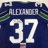 Autographed/Signed Shaun Alexander Seattle Blue Football Jersey JSA COA